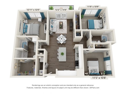 Floor plan for 3 beds, 2 baths, 1267 sqft